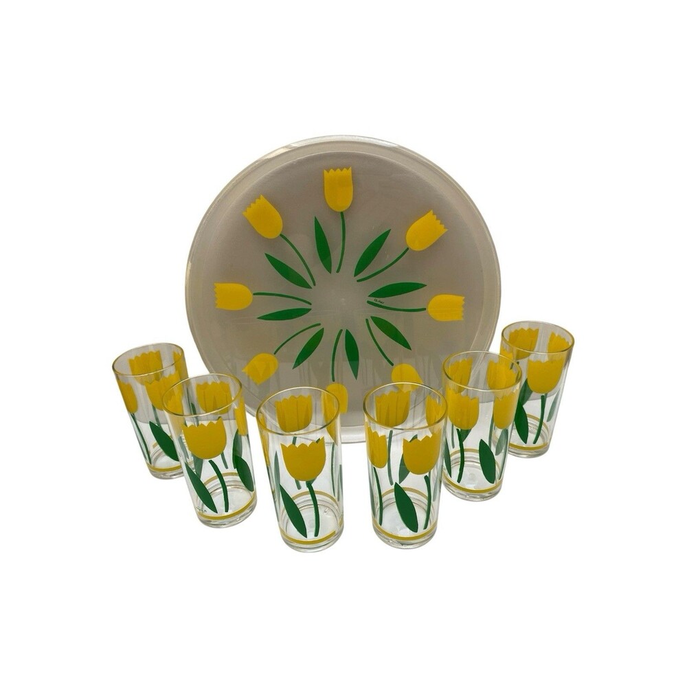 Vintage HJ Stotter Yellow Tulip Set Of 6 Acrylic Glasses With Serving Tray MCM
